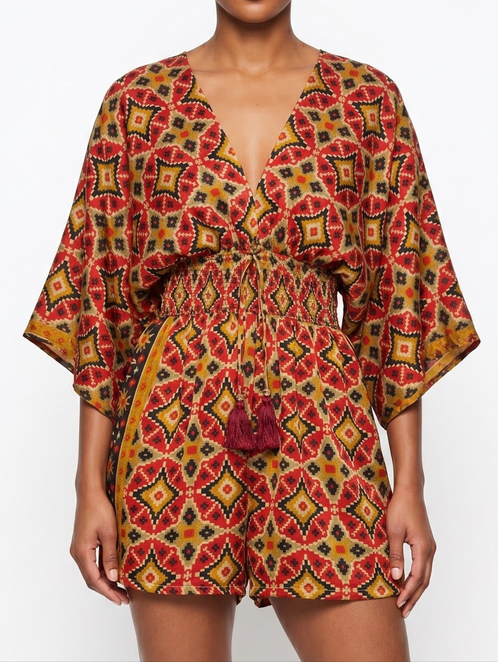 Boho Printed Silk Tassel Romper Size XS/S Red & Mustard Marrakesh Ikat Festival